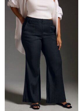 Maeve Anthropologie The Naomi Linen Wide Leg Flare Pants Black Size 16W